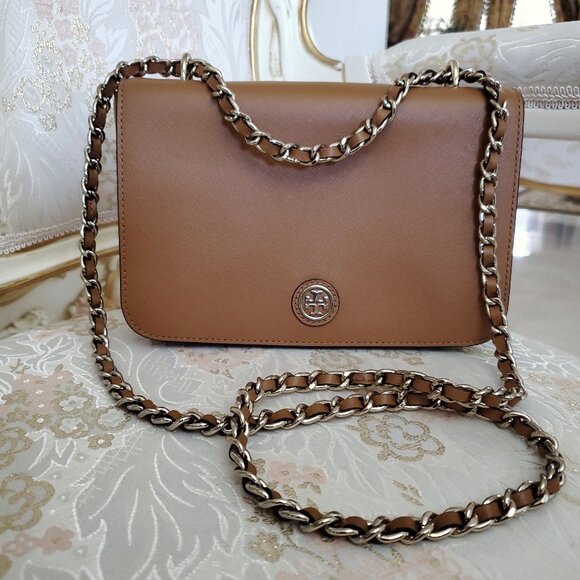 Tory Burch Robinson Tan Saffiano Leather Logo Shoulder Bag Chain Crossbody - Picture 1 of 15